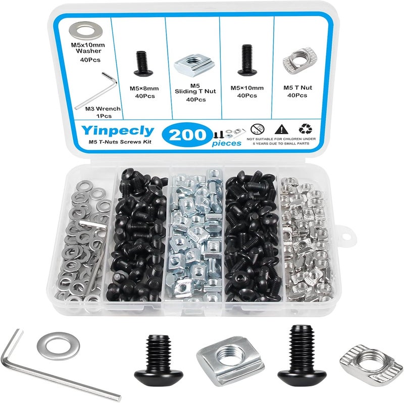 Yinpecly 200Pcs M5 T-Nuts Screws Kit, Hammer Head T Slot Nut for 2020 Series Aluminum Extrusion, M5 Hexagon Socket Screws, T Sliding Nut, Washers, Black - Image 1
